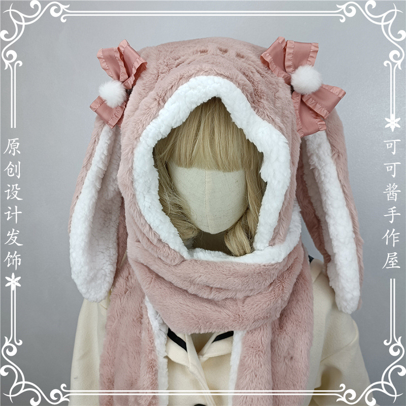 Gorro de felpa con Orejas de conejo lolita japonés kawaii, bufanda, guantes, tríada, gorro de ciclismo, sombreros de invierno para estudiantes