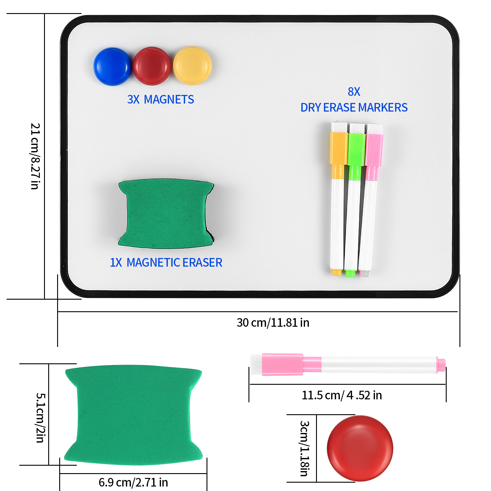 A4 double-sided dry erase whiteboard set with pens, magnets & eraser. Perfect for kids, school, home or office use