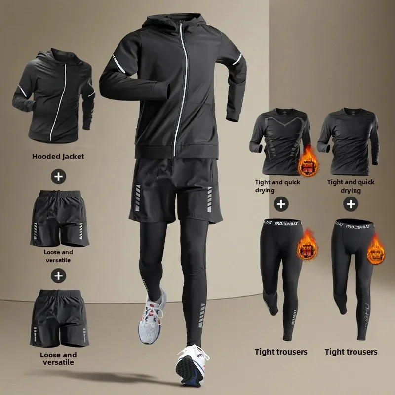 Herren-Warm-Sport-Sets mit Fleece-Futter für den Winter, zum Laufen, Fitness, Training, eng, sportlich, Radfahren, Laufen, schnell trocknender Anzug