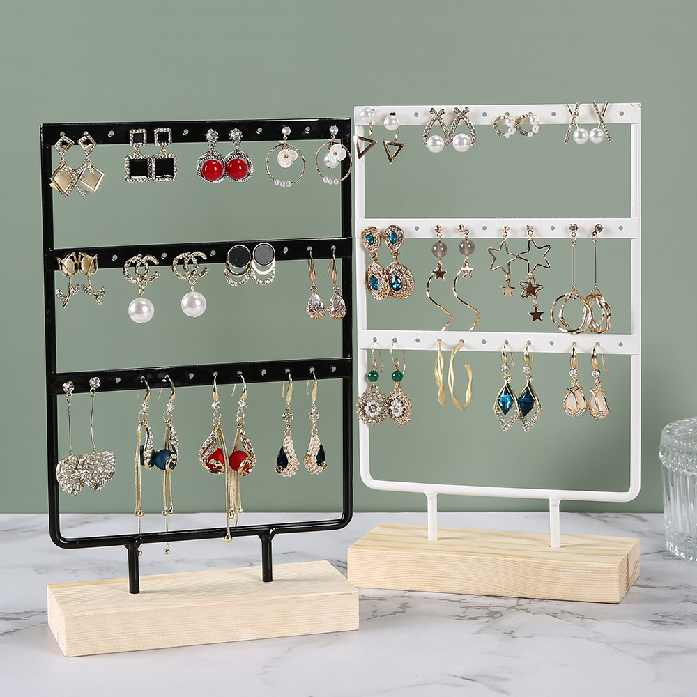 3-Tiers 72 Holes Earring Display Holder,Metal 3 Layers Jewelry Storage Organizer Wood Base Stand Tree,Ear Stud Rack Gift