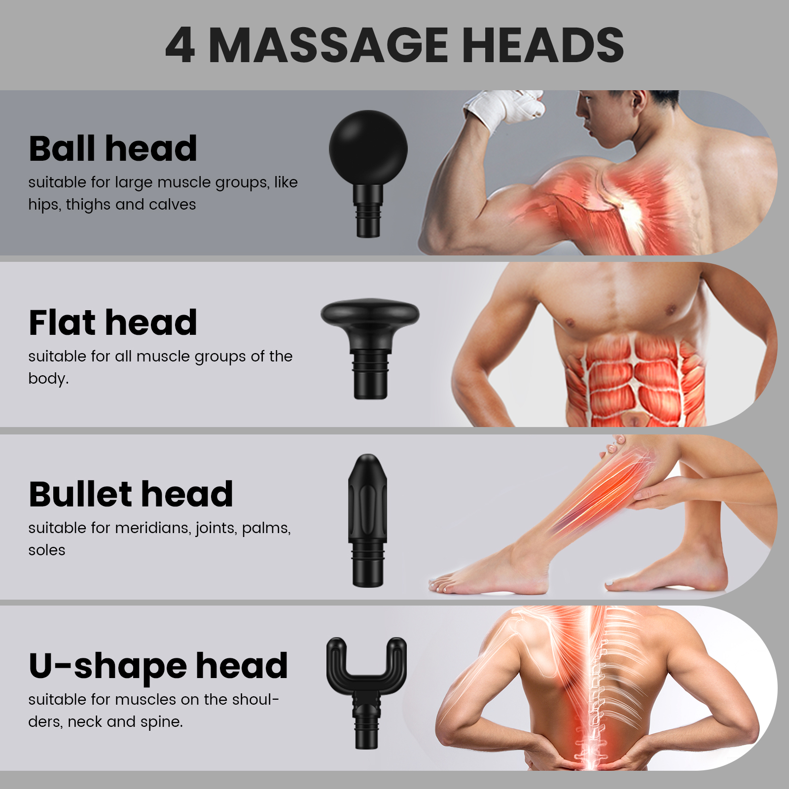 Sejoy portátil fáscia arma massageador de tecido mini massagem corporal leve com tela sensível ao toque led 4 cabeças de massagem substituíveis