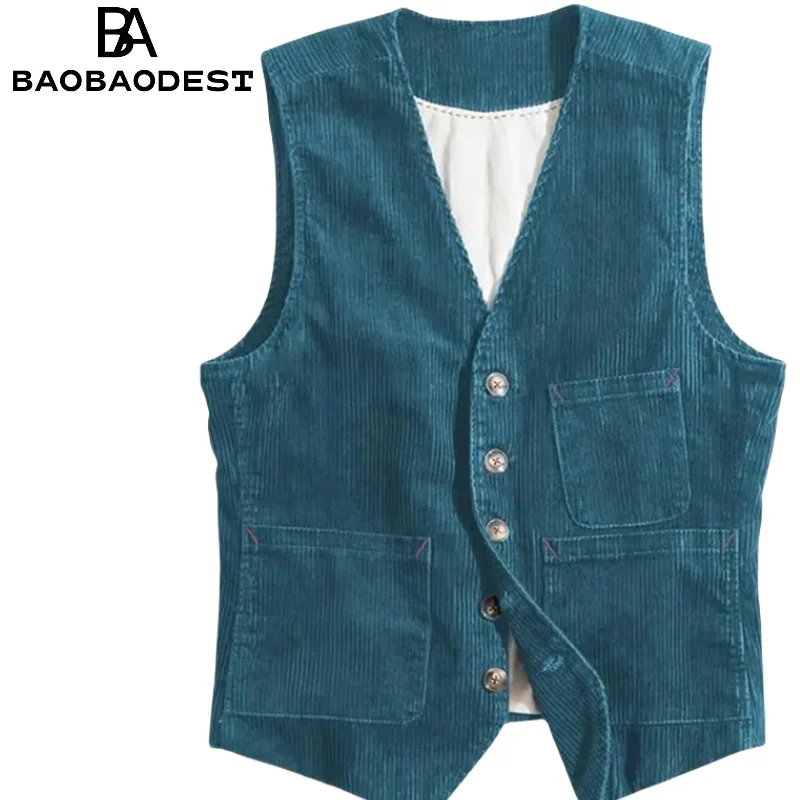 Męska kamizelka vintage z sztruksu - bezrękawnik z dekoltem w serek do noszenia na co dzień i na imprezy |   Gilet do garnituru, styl retro, krój slim fit, Bre