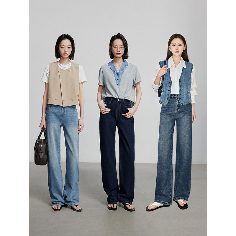 TOYOUTH Mulheres Denim Jeans 2025 Primavera Nova Moda Bordado Mid Wasit Versátil Calças Perna Larga