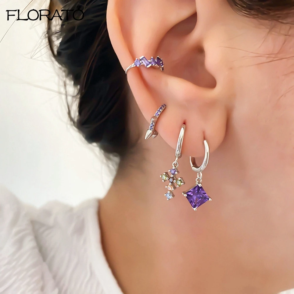 Pendientes morados elegantes con aguja de Plata de Ley 925, exquisitos pendientes de aro pequeños para mujer, accesorios de joyería de punción a la moda