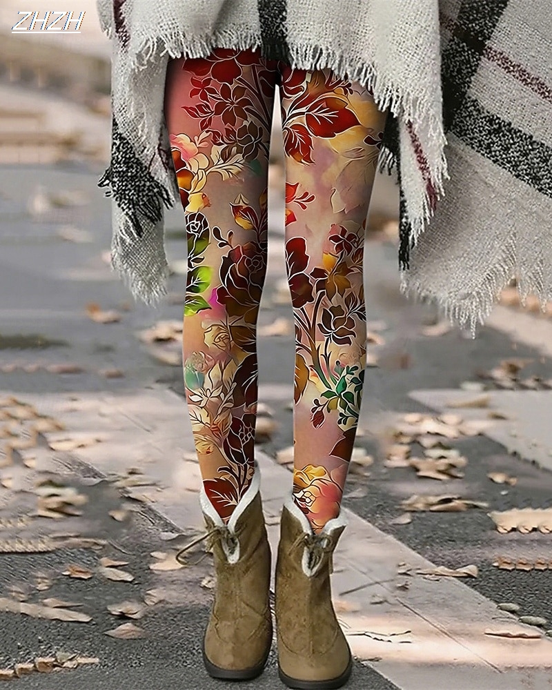 Женские леггинсы, винтажные уличные брюки с цветочным принтом, полиэстер, спандекс, эластичная резинка на талии, осенне-зимняя уличная одежда