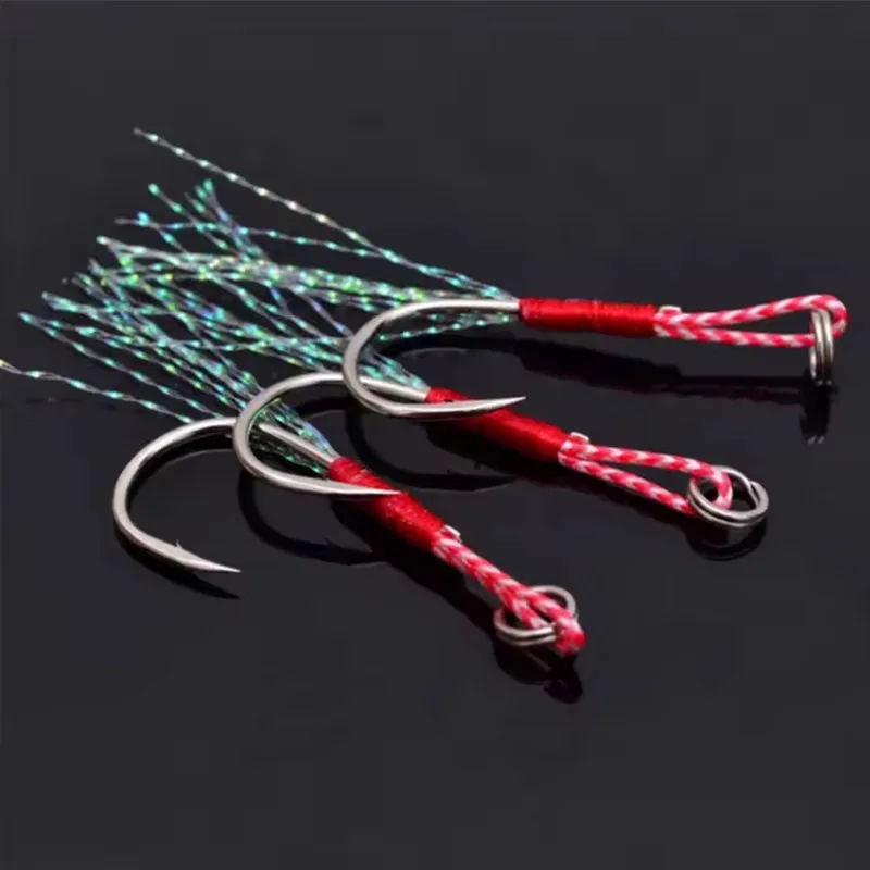 10 pz/lotto Lento Jigging Pesca Cast Jigs Assist Gancio Spinato Singolo Jig Ganci Filo di Piuma Pesca In Acciaio Ad Alto Tenore di Carbonio Richiamo di Pesca