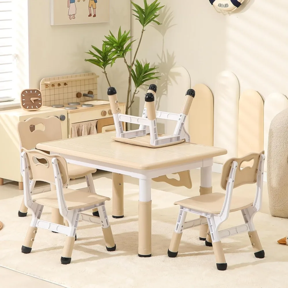 Height-Adjustable Kids Table and Chairs, Toddler Table and 4 Chairs Set with Anti-Slip Foot Covers, Children Activity Table