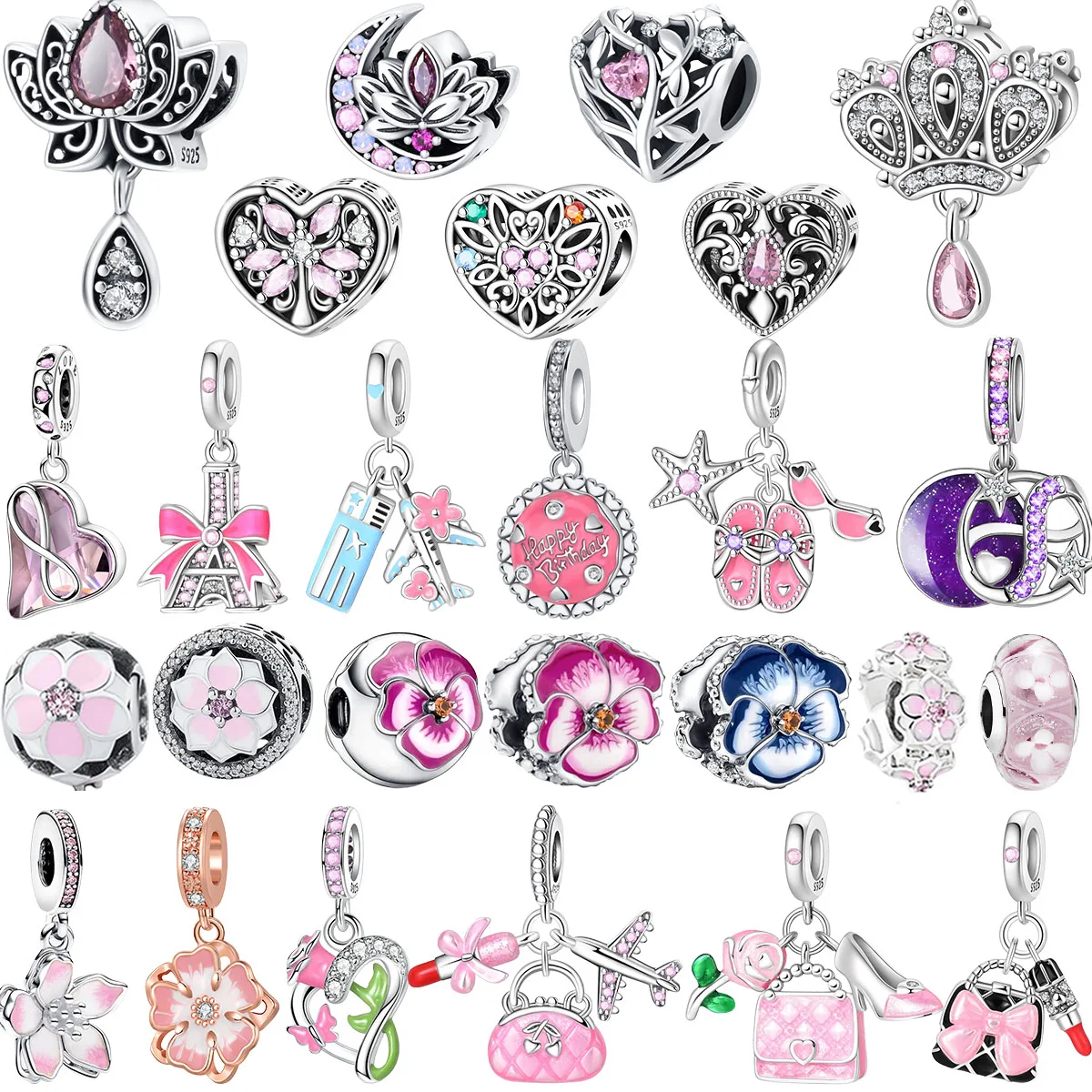 Nuovo argento sterling 925 fiore rosa ciondola il fascino farfalla cuore fiore rosa uccello per collana braccialetto fai da te gioielleria raffinata