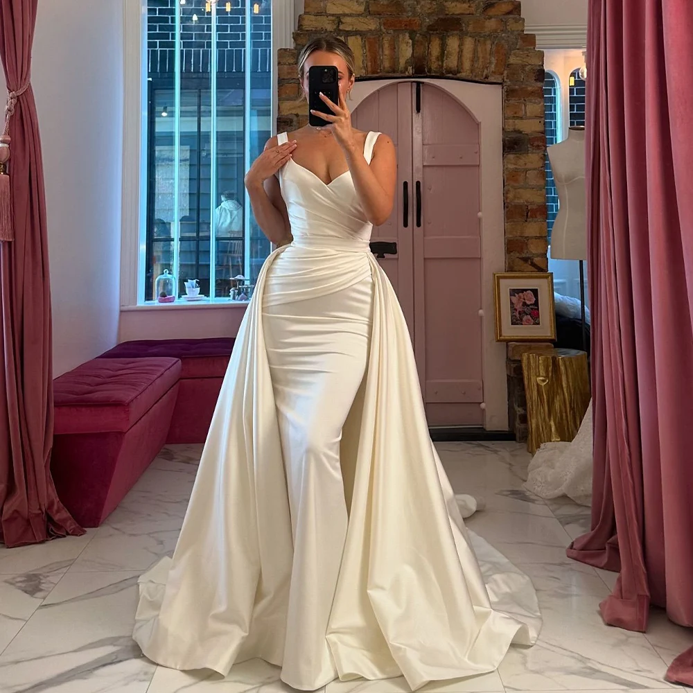Two Straps Pleat Sweethart Mermaid Wedding Dresses With Detachable Train Two Piece Custom Made  Vestido De Noival