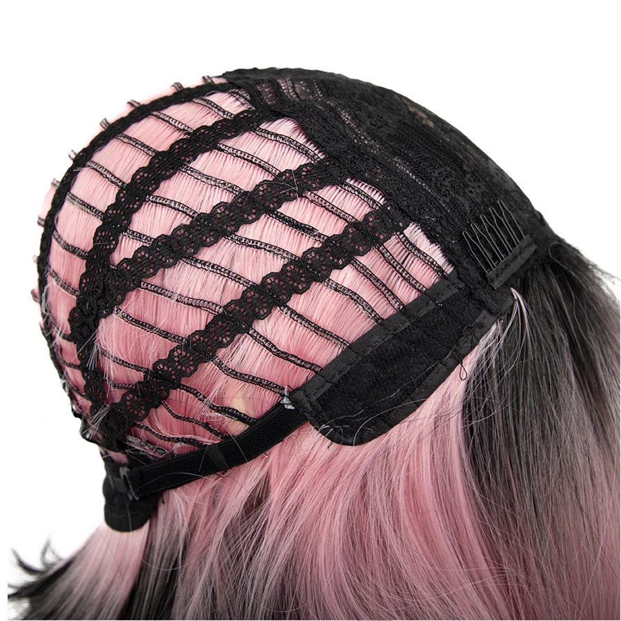 14-inch chique korte rechte roze tot zwart gradiëntpruik met pony synthetisch haar voor dames, perfect voor dagelijks gebruik op feest