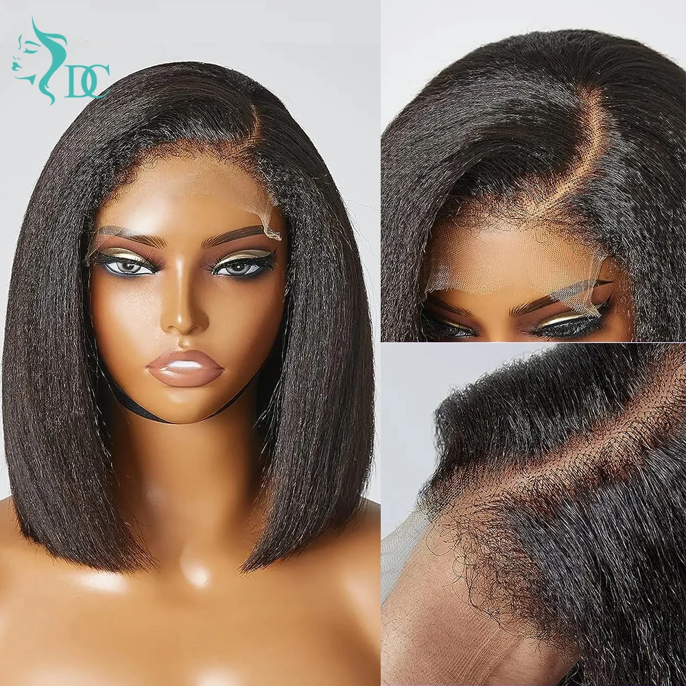 4c linha fina kinky reta bob peruca de cabelo humano 4c bordas kinky encaracolado cabelo do bebê curto bob 13x4 perucas frontais do laço 4x4 perucas de fechamento