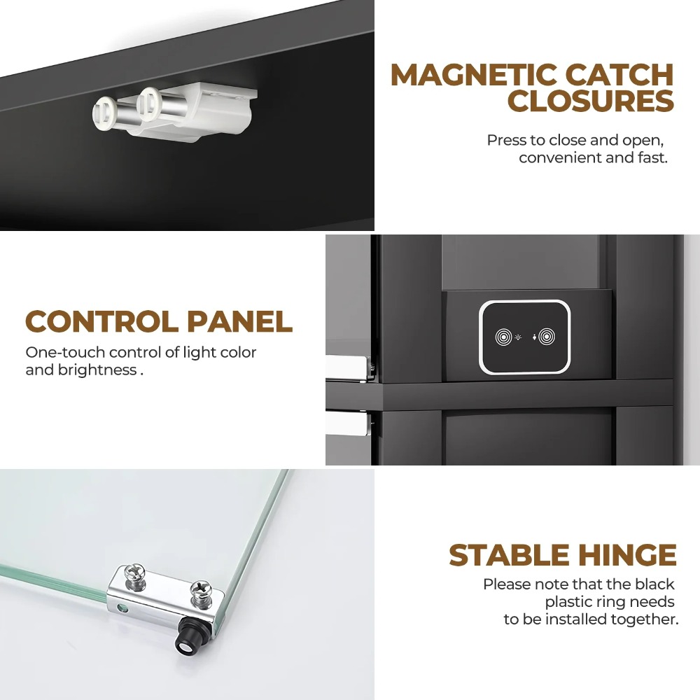 65" Lighted Corner Display Cabinet with Glass Doors, 4-Tier Hexagon Curio Cabinet for Living room, Entryway, Black Cabinets