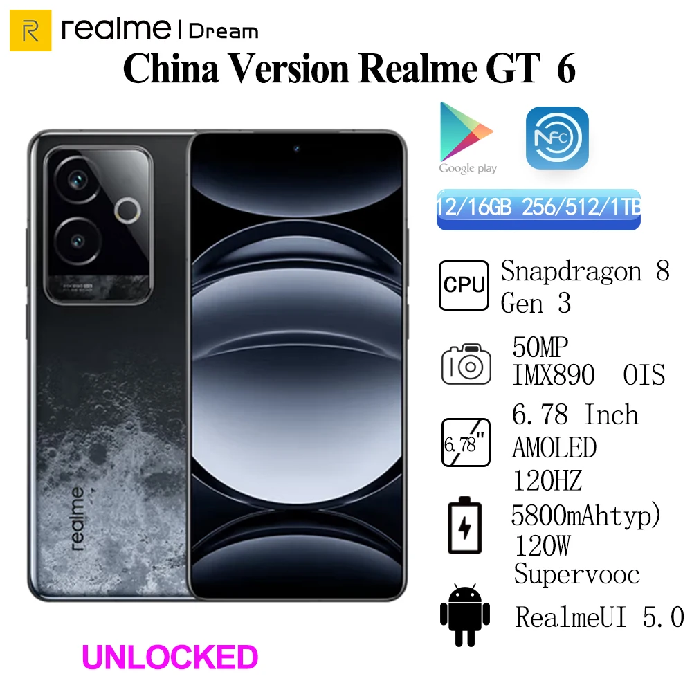 Original Realme GT 6 โทรศัพท์มือถือ 6.78 "AMOLED 120HZ Snapdragon 8 Gen 3 OTA 120W แบตเตอรี่ 5800mAh 50.0MP Android 14.0