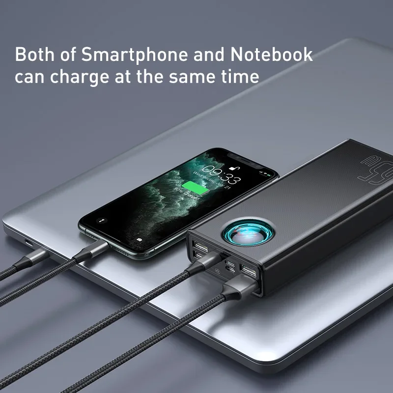 Power Bank Baseus 65W 30000mAh PD Быстрая Зарядка FCP SCP Портативное Внешнее Зарядное Устройство для Смартфонов, Ноутбуков, iPhone, Планшетов