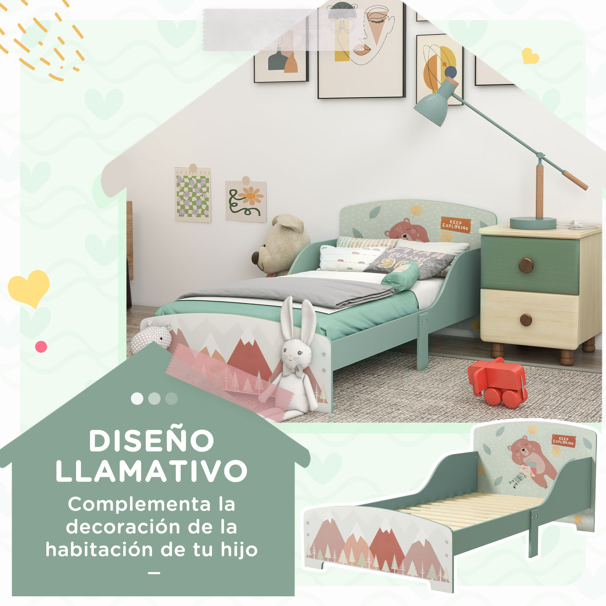 ZONEKIZ Cama Infantil de Madera 143x77x60 cm para Niños de 3-6 Años Carga 40 kg