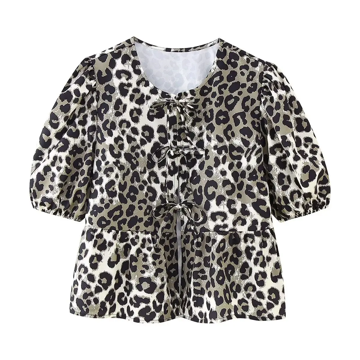 Blusa de leopardo feminina com alça, camisa com renda, blusa folhada, roupa de verão