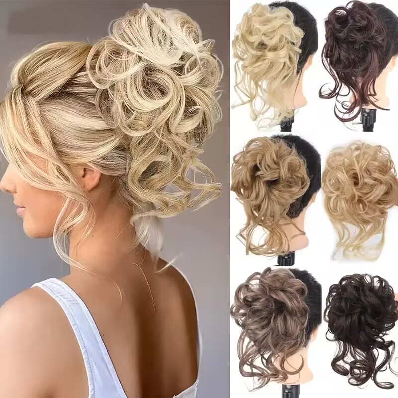 LUPU moño de pelo sintético moño desordenado banda para el cabello rizado elástico Scrunchy piezas de cabello falso para mujeres horquillas negro marrón