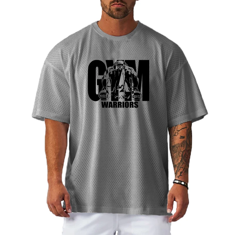 Camiseta deportiva informal holgada de gran tamaño para hombre, camisa de manga corta para gimnasio, culturismo y Fitness, ropa transpirable de secado rápido de malla de verano