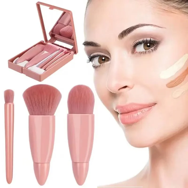 Juego de brochas de maquillaje de tamaño de viaje de 5 uds Mini brochas de maquillaje, Kit de brochas cosméticas de función completa pequeña con estuche y espejo 5 uds T