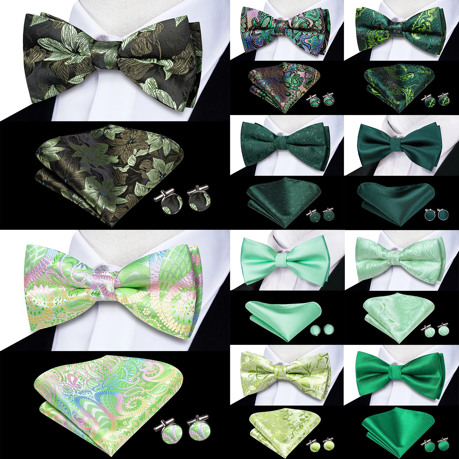 Sage Mint Grass Teal Green Silk Herren Fliege Einstecktuch Manschettenknöpfe Set Vorgebundene Fliege mit Schmetterlingsknoten für männliche Hochzeit Business