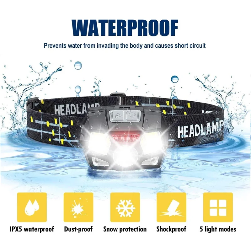 Linterna frontal recargable por USB, lámpara LED brillante para cabeza de 800 lúmenes, luz roja con Sensor de movimiento, luz frontal para pesca, senderismo y correr