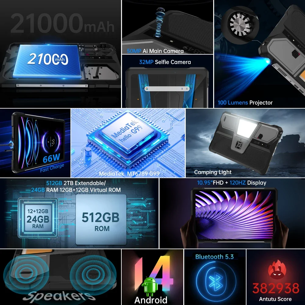 8849 TANK PAD E Unihertz Projetor robusto Tablet Android 14 Smartphone 10,95 polegadas 120Hz 24GB 512G 21000mAh 50MP 66W Phone Tablet
