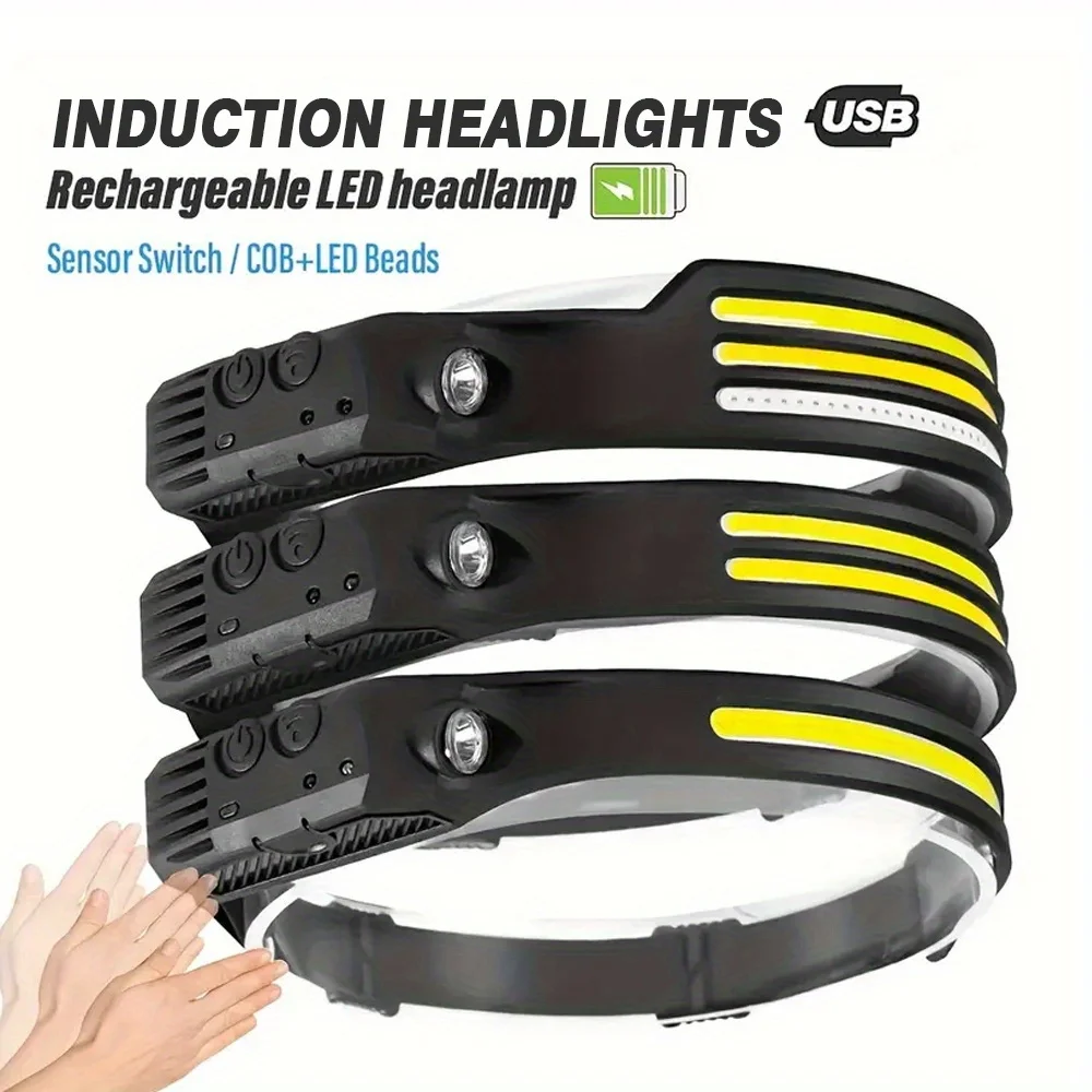 1 LED+COB Reflektor ładowany przez USB, reflektor z czujnikiem ruchu, odpowiedni do biegania, wędkowania, biwakowania, pieszych wędrówek, świateł awaryjnych
