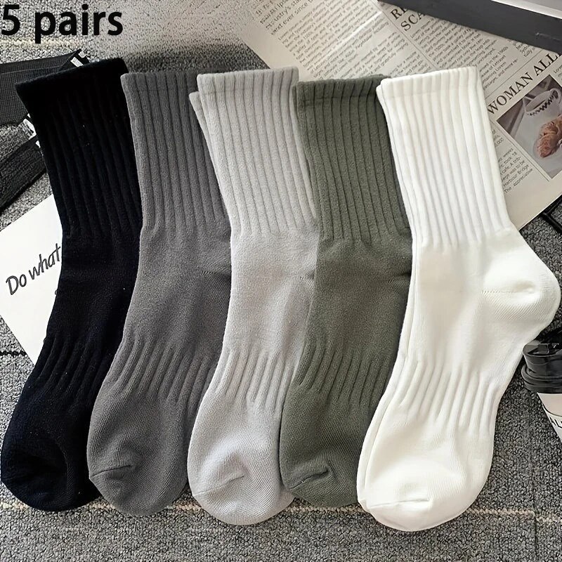 Calcetines deportivos de tubo medio para hombre, medias sólidas de cintura alta con banda de goma para primavera y verano, baloncesto, 4 Estaciones, 5 pares