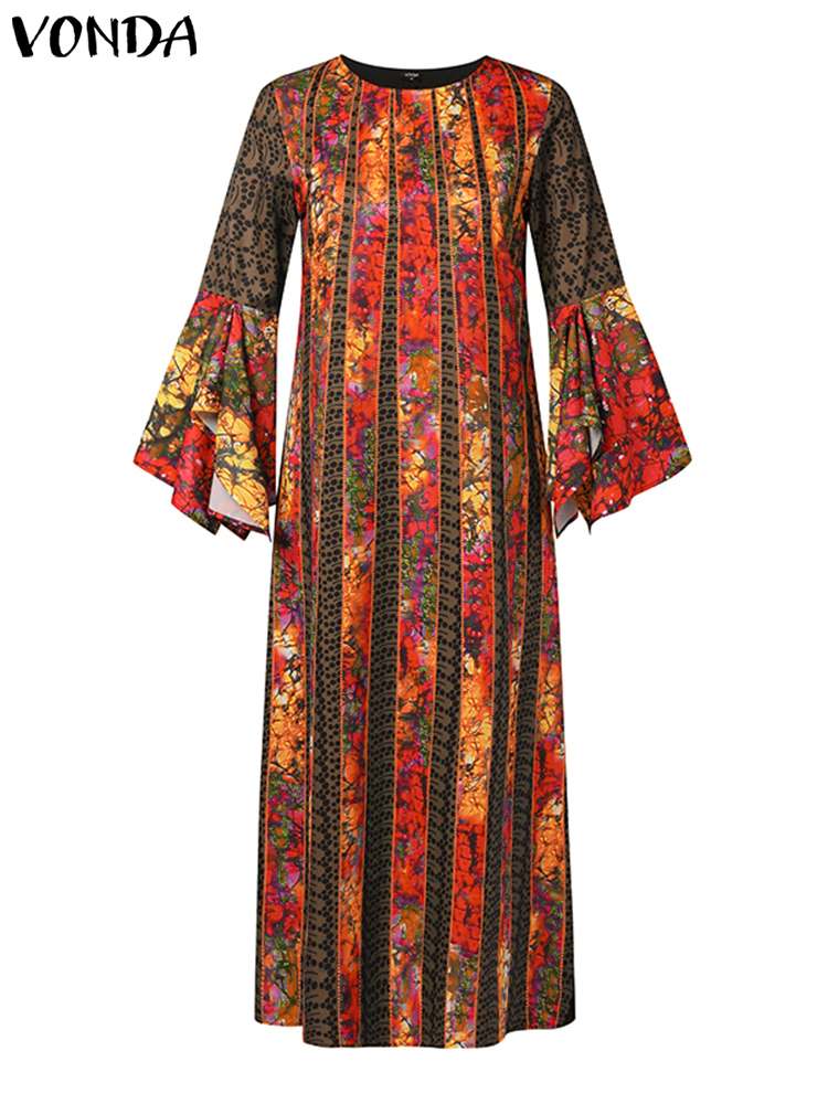 Vonda plus size 5xl elegantes maxi kleid frauen böhmisch bedrucktes party kleid 2024 lange flare ärmel party lässig lose robe femme