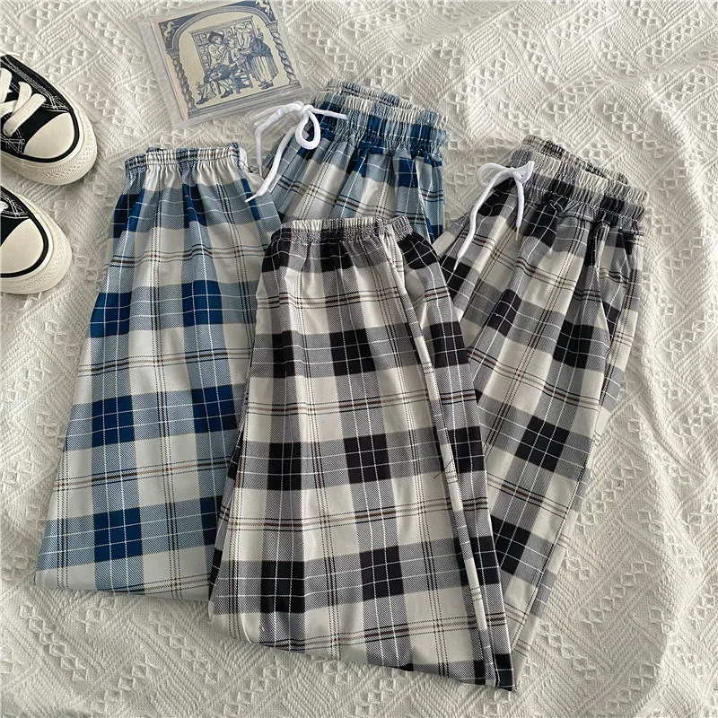 Pants Women New Bunch of Feet Fashion Loose Black Plaid Summer Harajuku Students Streetwear Harem Long Trousers Womens Chic