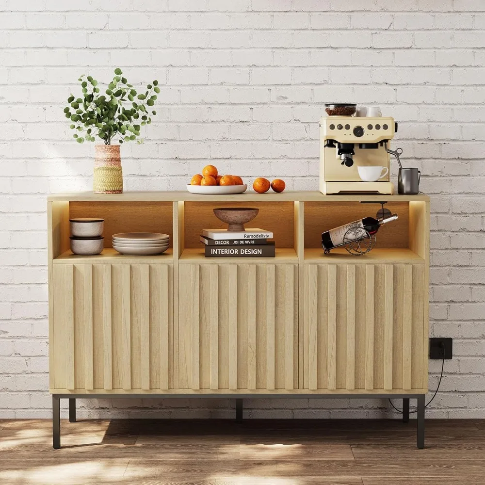 Storage Cabinet Buffet Cabinet with Storage, Fluted Sideboard Cabinet Coffee Bar, Accent Credenza with LED Light
