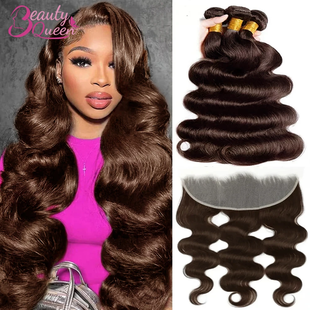 Onda do corpo Pacotes de cabelo humano com fecho, 13x4 Lace Frontal Encerramento Extensão, Castanho Chocolate, Colorido, #4
