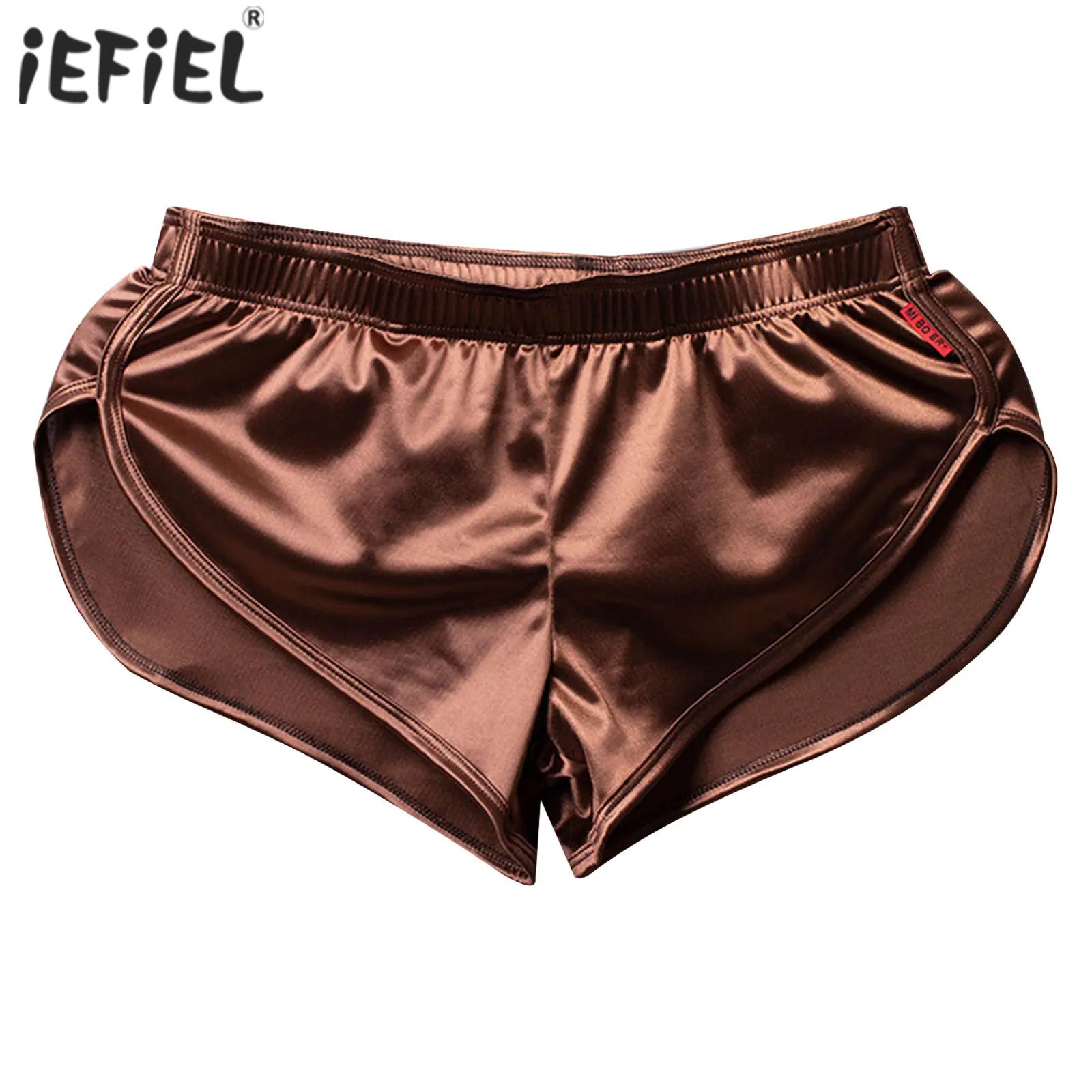 Badebekleidung für Herren, seitlich geteilte Satin-Shorts, integrierte Boxershorts mit Ausbuchtungsbeutel und elastischem Bund, Pyjamahose, Loungewear, Homewear