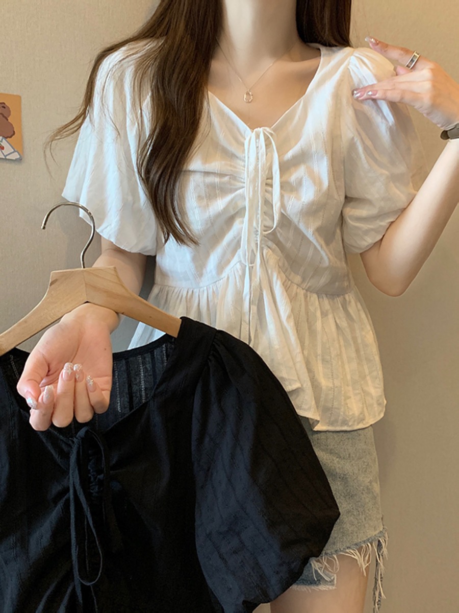 Csa Fena Plus Size de Cor Pura com Cinto e Mangas Curtas Psadas, Estilo Solto de Verão, Decote em V Versátil