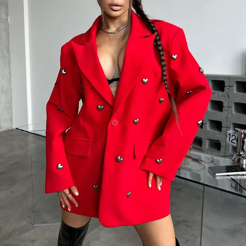 TWOTWINSTYLE Solide Patchwork Herz Dekoration Blazer Für Frauen Kerb Kragen Langarm Casual Lose Mäntel Weibliche Mode Neue