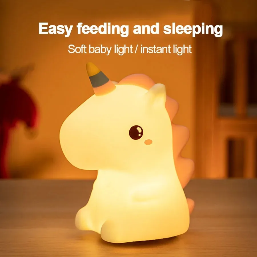 ไฟไฟ LED กลางคืนซิลิโคนรูปยูนิคอร์นน่ารักสำหรับเด็กชาร์จไฟได้ USB รูปการ์ตูนสัตว์ตกแต่งห้องนอน lampu tidur สัมผัสสำหรับเป็นของขวัญ