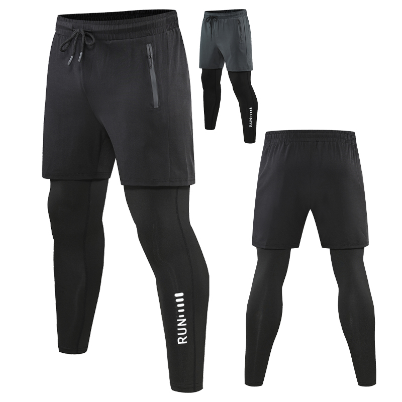 Pantalones para correr 2 en 1 para hombre, pantalones de doble capa, mallas ajustadas de entrenamiento para baloncesto, pantalones de chándal estampados para Fitness con bolsillos, pantalones para correr
