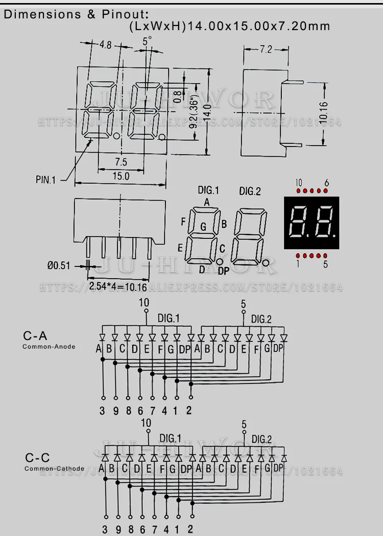 10 Chiếc 0.36Inch 10 Chân 3261AS 3261BS 2 Chữ Số Bit 7 Phân Đỏ LED Hiển Thị Kỹ Thuật Số Digitron Anode Chung cực Âm C-C C-A