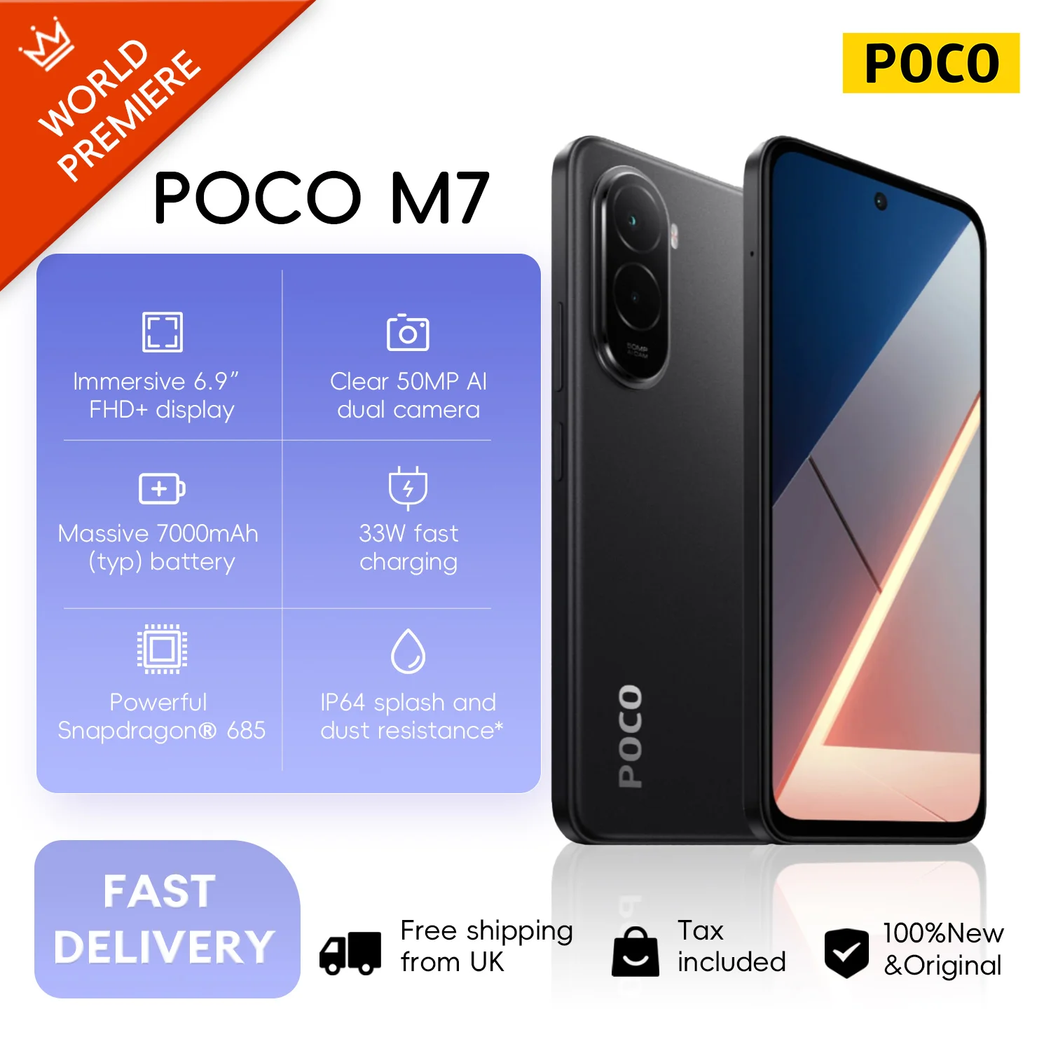 POCO M7 Global Version Mobile Phone 6.9'' 144Hz FHD+ DotDisplay 7000mAh Battery 50MP Camera 33W Charging NFC Snapdragon 685