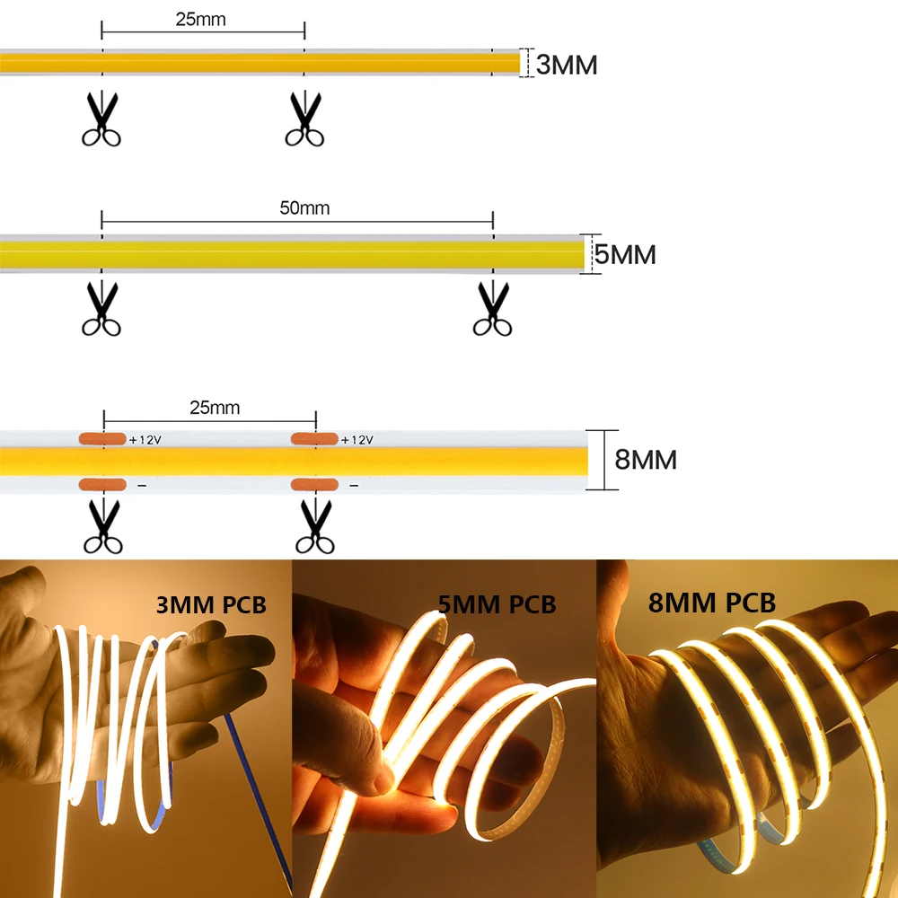 3 ミリメートル 5 ミリメートル 8 ミリメートル PCB COB LED ストリップライト 5V 12V 24V 320LEDs/m 高輝度柔軟なテープウォームナチュラルホワイトレッドグリーンブルー 0.5 メートル 5 メートル