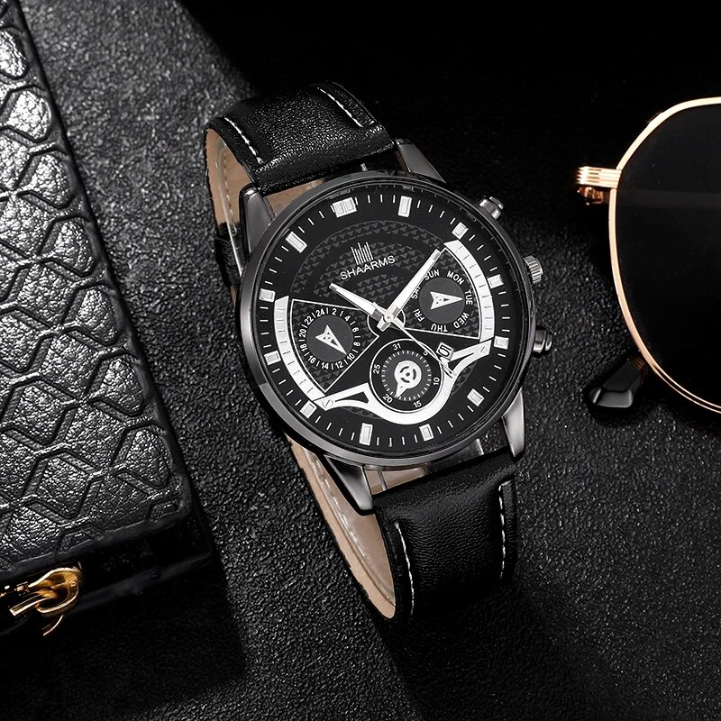 Conjunto de relógio ultra fino minimalista masculino, relógio de pulso quartzo couro empresarial, relógios simples de moda, 3 peças