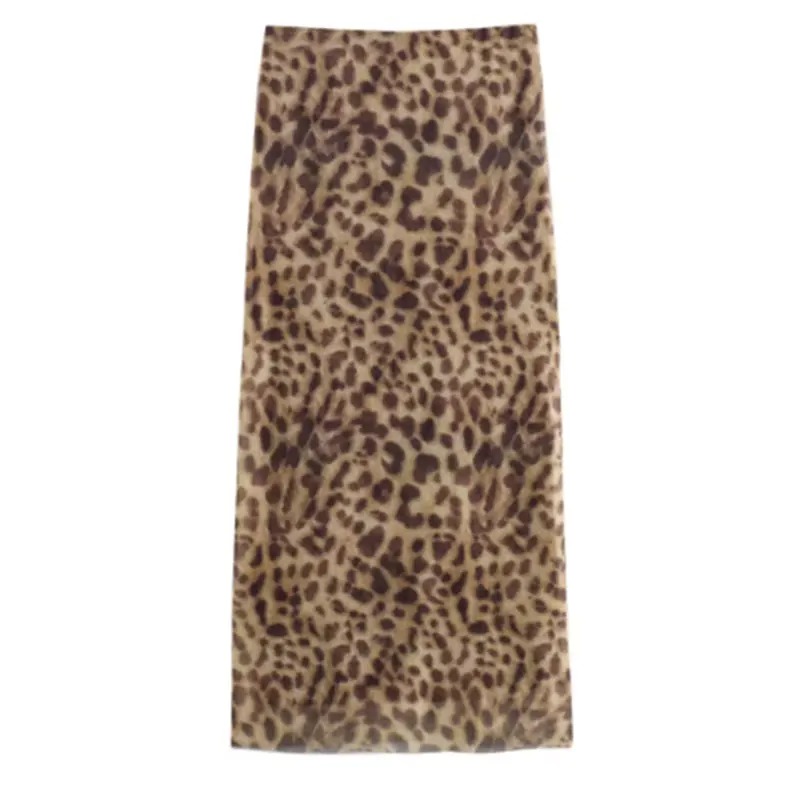Frauen Leopard Tüll Midi Rock Sommer Mode Hohe Taille Elastischer Bund Lange Röcke Streetwear