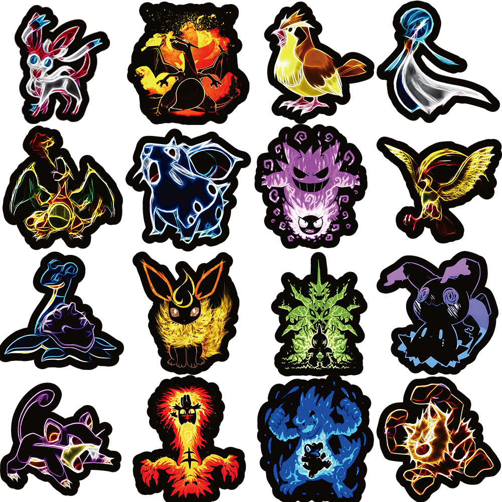 10/30/50/100pcs Cool Neon Light Anime Pokemon Stickers Pikachu Cartoon Decals for Kids Toy Phone Notebook Cool Graffiti Sticker