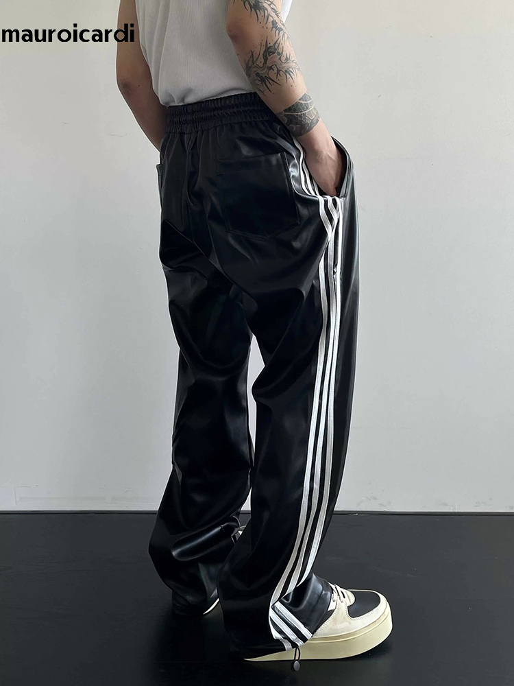 Mauroicardi Spring Autumn Cool Black Soft Stretchy Waterproof Pu Leather Pants for Men with Elastic Waist Loose Casual Clothes
