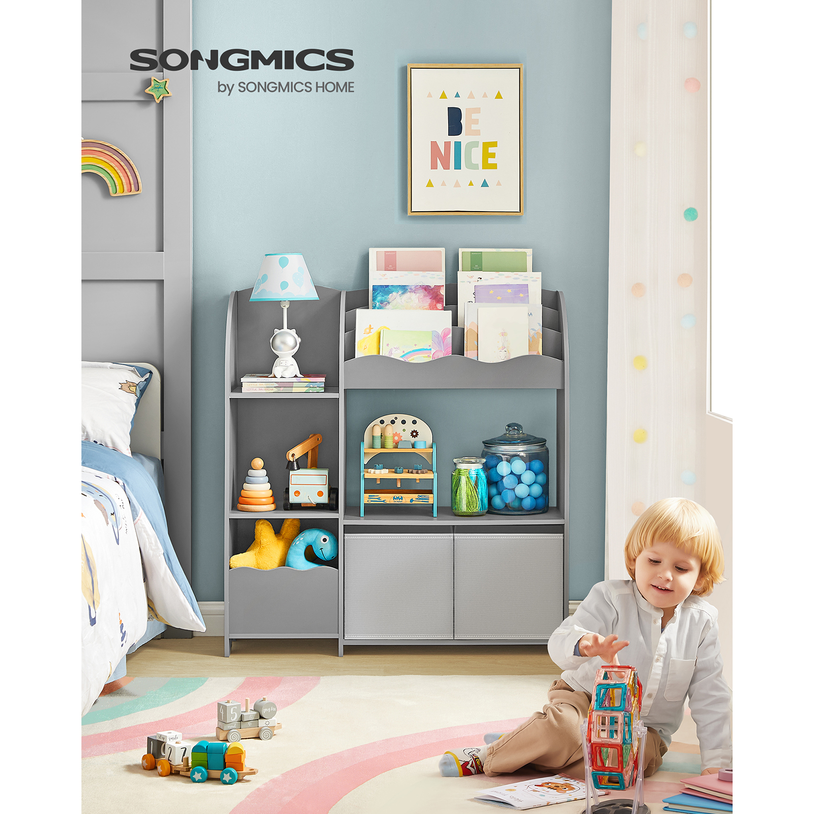 SONGMICS estantería de juguete para niños, armario de dormitorio con 2 contenedores de juguete, sala de juegos, sala de estar, gris Paloma