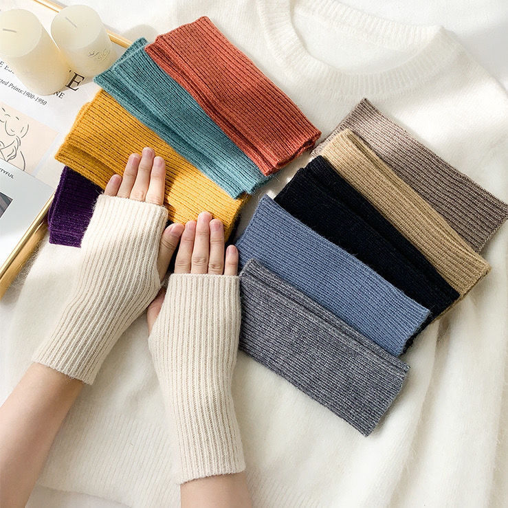 1 пара осенне-зимних перчаток с короткими рукавами и полупальцами для женщин, однотонные вязаные перчатки без пальцев, теплые варежки для рук