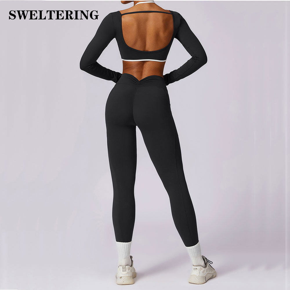 Chándal de 2 piezas para mujer, conjunto de Yoga, ropa deportiva de entrenamiento, ropa de gimnasio, Top corto de manga larga, mallas de cintura alta, trajes deportivos