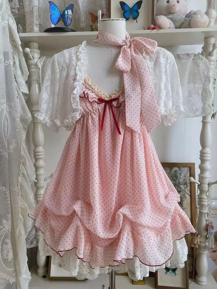 Japońska Moda Słodki Uroczy Dwuczęściowy Zestaw Damski Mini Koronkowe Bluzki + Sukienka w Kropki Nowy Krój Szykowny Kawaii Puszysty Retro Garnitur Lato 2025