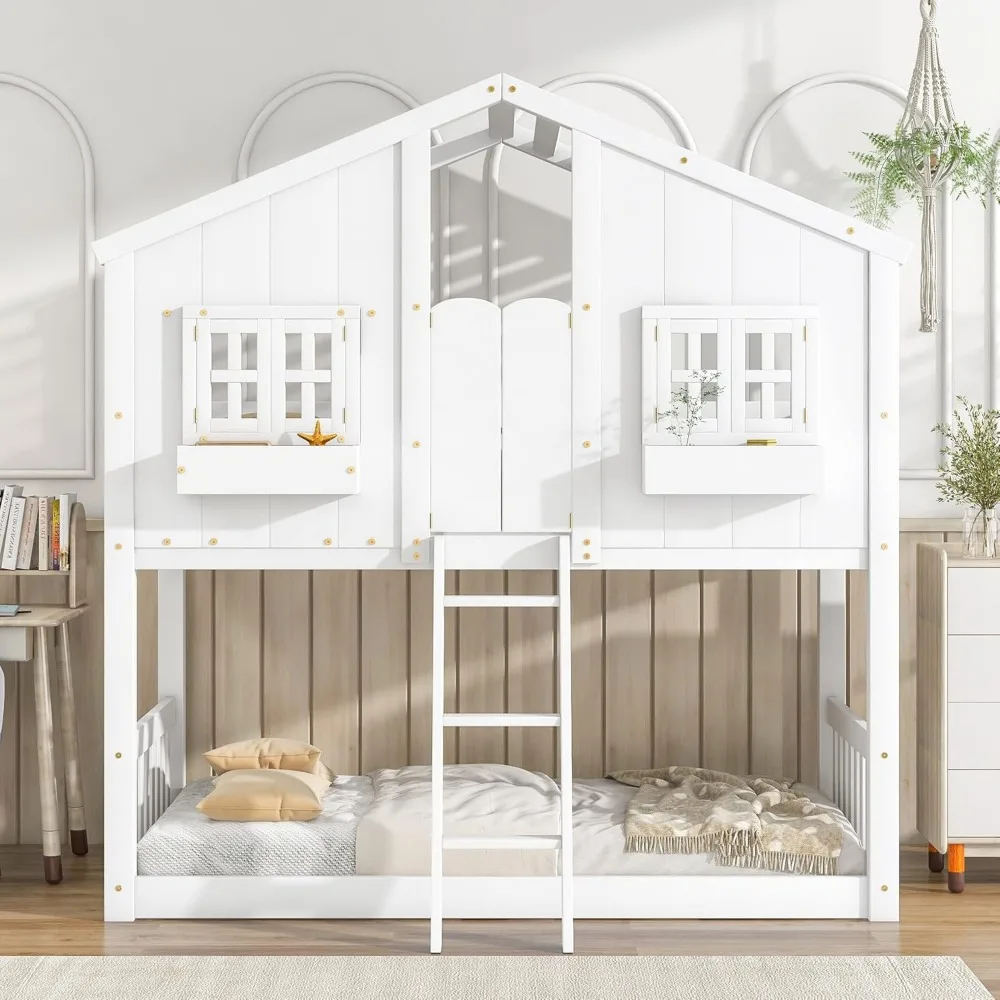 Bunk Bed Twin Wood Frame with Roof, Window, Window Box, Door, Safety Guardrails and Ladder, Twin Kids Bunk Bed
