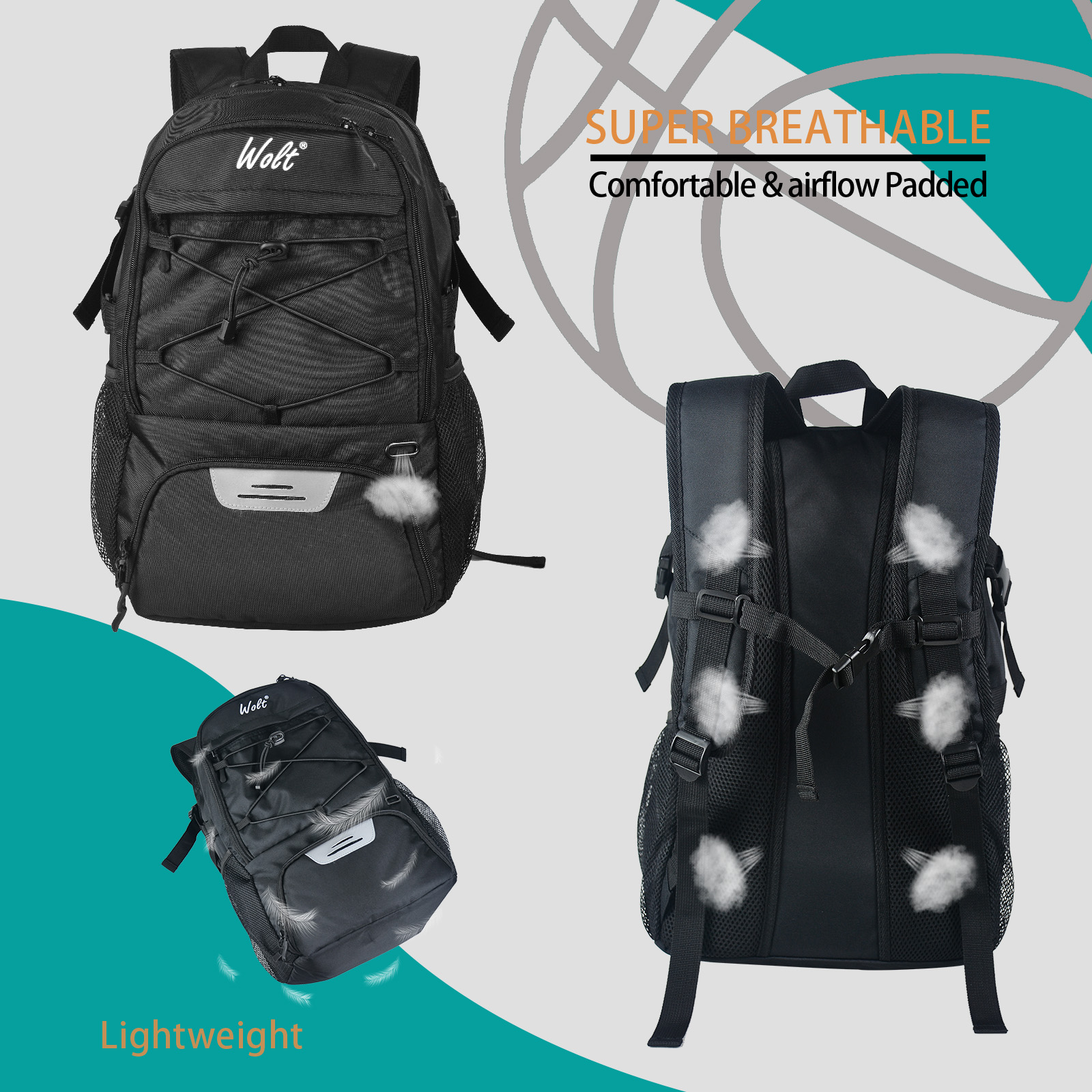 Wolt | Mochila de baloncesto Bolsa deportiva grande con soporte para pelotas separado y compartimento para zapatos, lo mejor para baloncesto, fútbol, Voll
